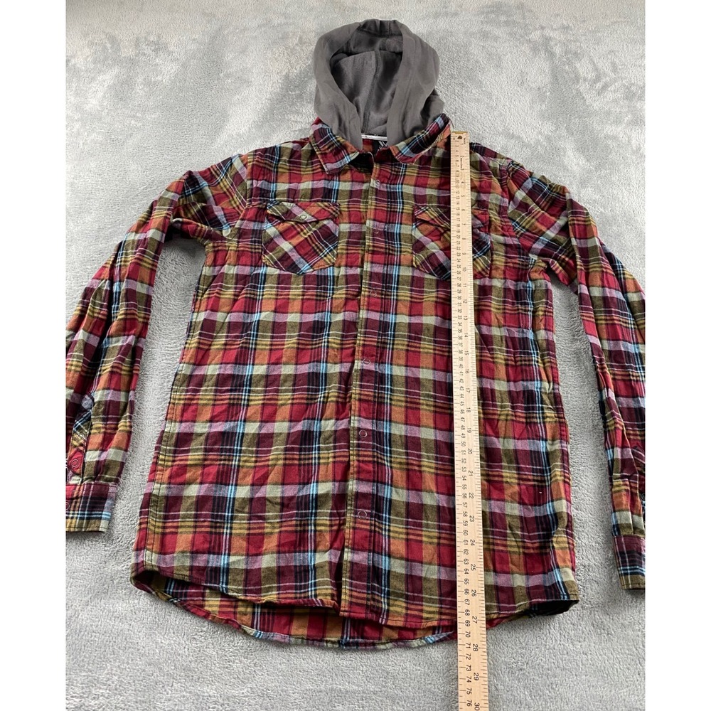 Shawn White Mens‎ XL Hooded Flannel Shirt Red Plaid Snap Button Long Slv Skater - Picture 8 of 10
